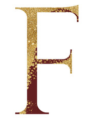 Dark red and Golden glitter capital letter F with dispersion effect, festive design element