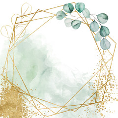 Geometric Golden frame with watercolor green eucalyptus leaves, wedding illustration