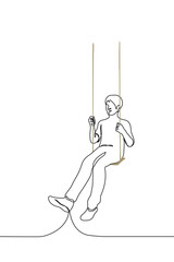 man sits on a swing and smiles - one line drawing vector. concept adult returns to childhood; playful
