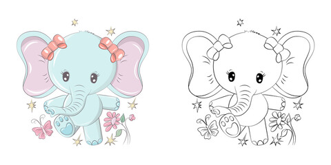 Cute Elephant Clipart for Coloring Page and Illustration. Happy Clip Art Elephant. Vector Illustration of an Animal for Stickers, Prints for Clothes, Baby Shower, Coloring Pages