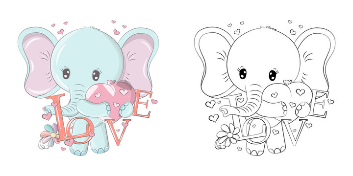 Elephant Clipart Multicolored and Black and White. Beautiful Clip Art Elephant with Balloon. Vector Illustration of an Animal for Prints for Clothes, Stickers, Baby Shower, Coloring Pages.