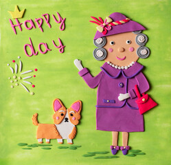 Old gray haired lady woman handmade in clay illustration with corgi cute dog. Jubilee of coronation.