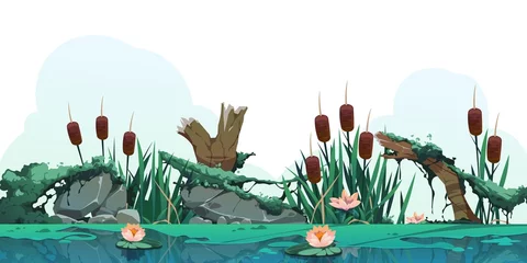 Foto op Plexiglas Swamp reed illustration. Cartoon marsh background with cattail plants, moss rocks and log, countryside wetland or lake. Vector illustration © Tartila