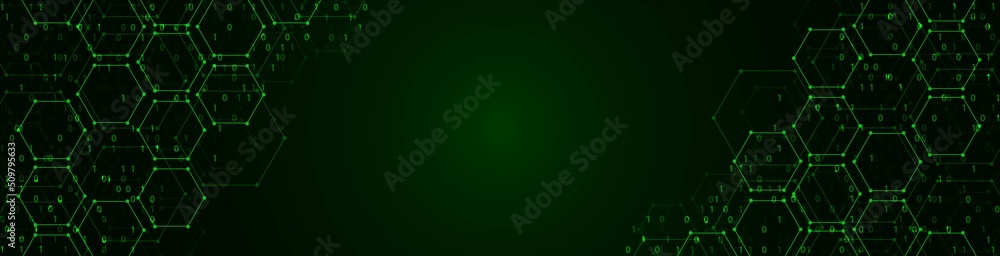 Poster vector neon information background frame. computer technology design. texture of hexagons, circles, 