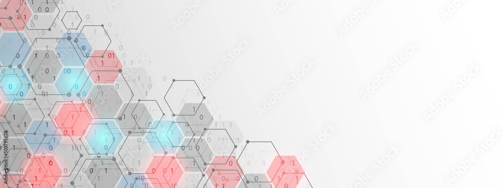 Poster vector neon information background frame. computer technology design. texture of hexagons, circles, 