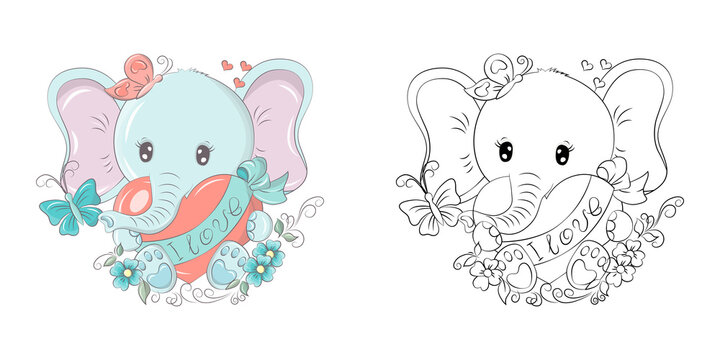 Clipart Elephant Multicolored and Black and White. Cute Clip Art Elephant with a Heart in its Paws. Vector Illustration of an Animal for Stickers, Baby Shower, Coloring Pages, Prints for Clothes.