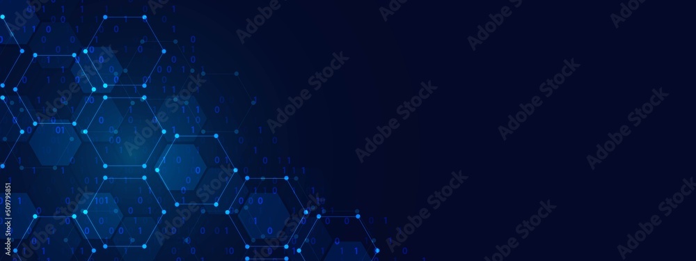 Poster vector neon information background frame. computer technology design. texture of hexagons, circles, 
