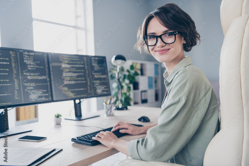 Poster profile side picture of positive business lady working hard writing scripts coding working online in