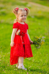 girl in a red dress and with a bouquet of wild flowers on the lawn