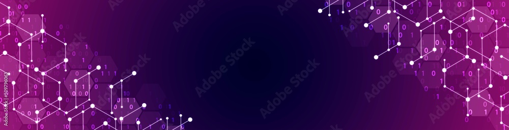 Poster vector neon information background frame. computer technology design. texture of hexagons, circles, 