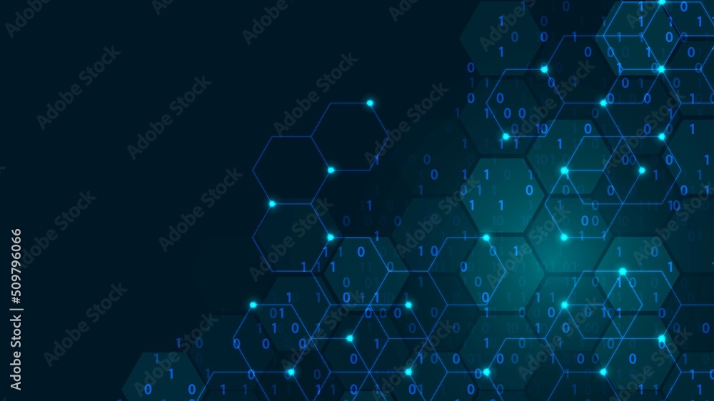 Poster vector neon information background frame. computer technology design. texture of hexagons, circles, 