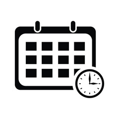 Date, clock, calendar icon. Black vector illustration.