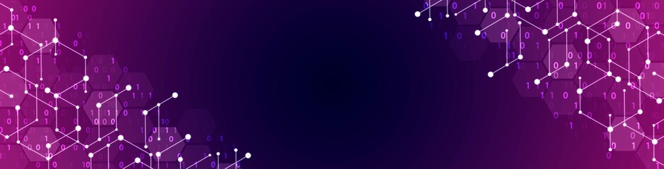 Vector neon information background frame. Computer technology design. Texture of hexagons, circles, spheres, icons of numbers, dots. Binary system. Digital communication. Poster technology, business.