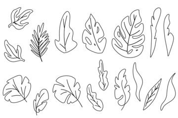 Set of linear vector abstract tropical leaves. Flat cute continuous line art cartoon style.