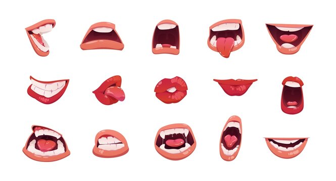 Cartoon mouth. Open and clothed lips, sad laugh smile anger cute face emotion with tongue and teeth. Vector mouth facial expression isolated set