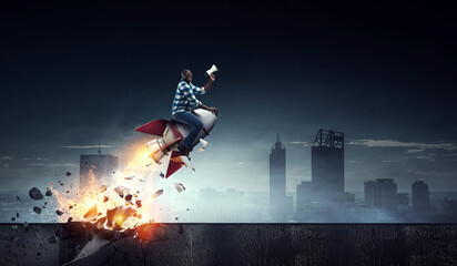 Determined businessman on his way to success leaving fire trails