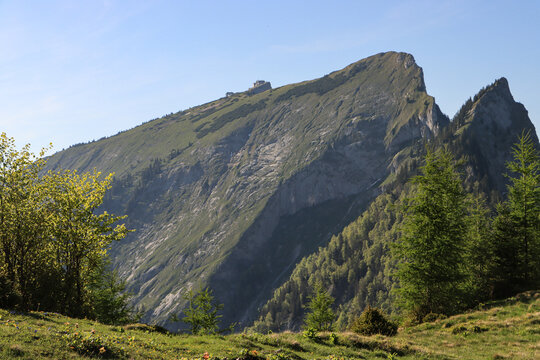 Fr&uuml;hling im Salzkammergut; Blick von der Vormaueralm zum Schafberg