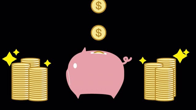 ブタの貯金箱にお金（ドル）を入れて貯めているアニメーション動画　アルファチャンネル付き