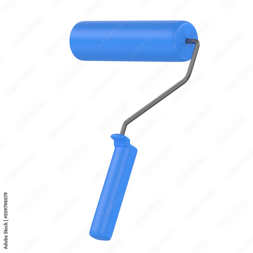 Wall mural Paint roller with blue handle, painting tool isolated on white background, construction clip art. 3D rendering 3D illustration