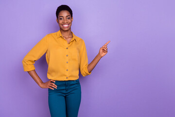 Photo of young man lady indicate finger empty space way discount propostion select isolated over purple color background