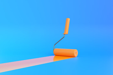 Yellow Paint Roller with color trail over blue background. Home renovation or painting template with copy space. 3D Rendering 3D Illustration