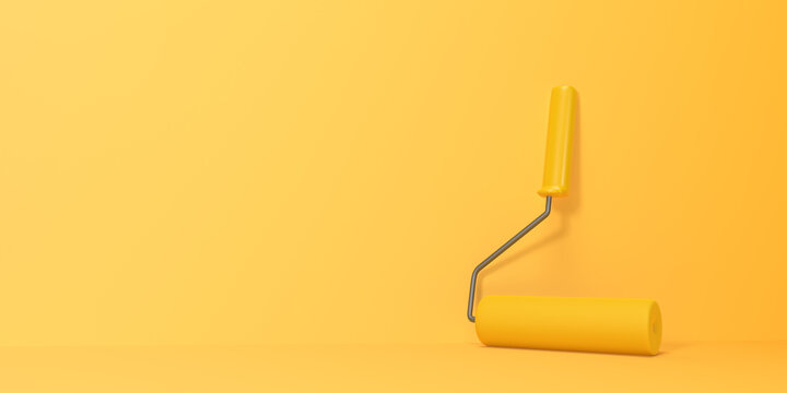 Yellow Paint Roller on a bright yellow background. Home renovation or painting template with copy space. 3D Rendering 3D Illustration