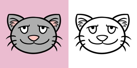 Gray happy cat, smiling cat, cartoon style, Horizontal set of illustrations for coloring books, vector