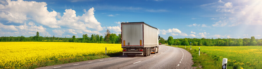 Truck moving on the asphalt country highway in sunny day in spring.