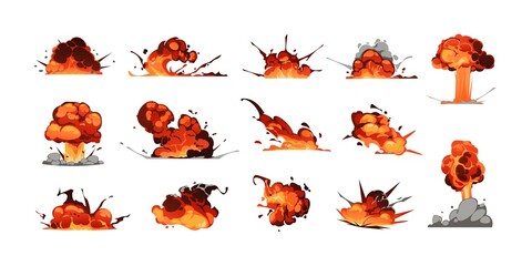 Comic explosion effect. Cartoon bomb blast and dynamite bang graphic with fire and smoke, game energy burst animation asset. Vector isolated set