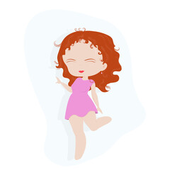 A girl in the style of chibi. A female character in a pink dress and red hair. 