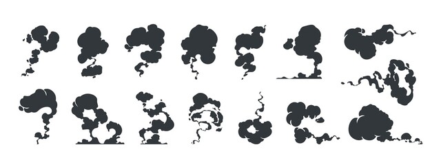 Cartoon smoke effect. Comic windy dust stream, steam puff and puff movement, blow silhouette for game animation. Vector fume motion asset © Tartila