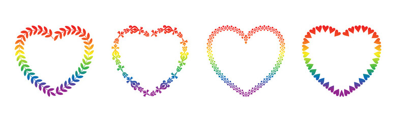 Rainbow colored, heart shaped frame, border, sticker set. No text. Transparent background.