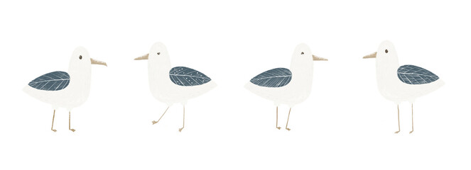 cute cartoon sea gulls with blue wings, children's illustration