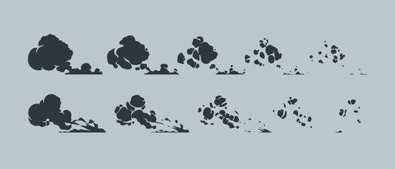 Run dust effect. Cartoon fast move smoke trace animation kit, steam motion 2D game sprite asset. Vector speed comic movement spritesheet © Tartila