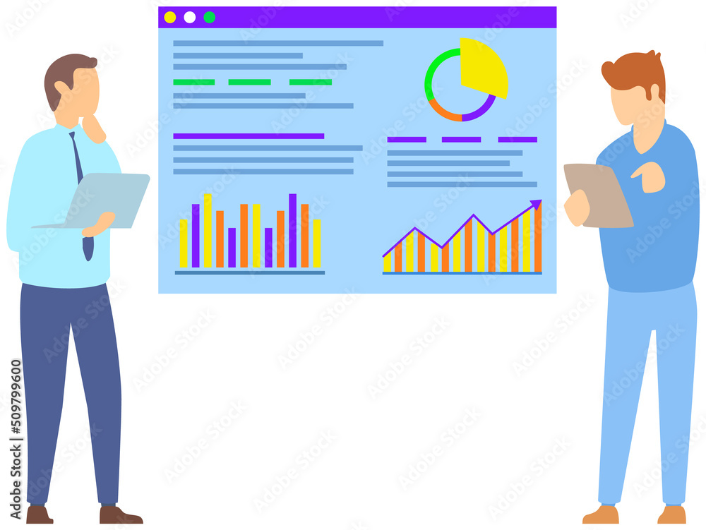 Poster manager makes presentation of statistical report analysis charts. planning business. teamwork consul