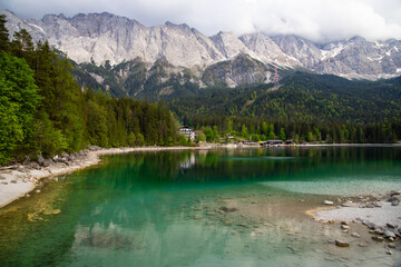 View on the beautiful Zugspitze mountain and the Eibsee in Bavaria, Germany