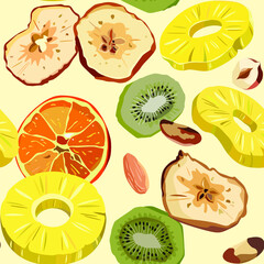 A bright  seamless pattern. Vector illustration of sliced dried fruits and nuts.  Healthy food and vegan diet. It can be used for packaging design and labels, as a background for healthy  food recipes
