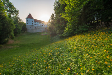 Castle Mokrice on a spring evening with dramatic clouds and forest. A fortress in the woods. 

