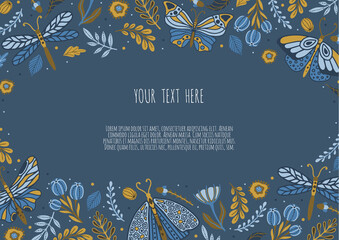 Obraz premium Floral frame with butterflies. Design for packaging, label and greeting card.