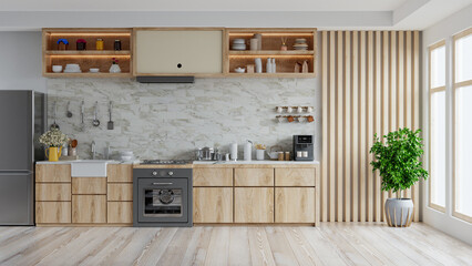 Modern kitchen interior with furniture,kitchen interior with tiles wall. - obrazy, fototapety, plakaty