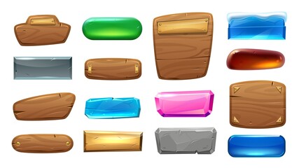 Cartoon game button. Wooden frozen glass and metal interface menu frame elements and banners. Vector app UI rectangular panel isolated collection