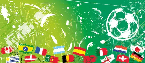 Plexiglas foto achterwand abstact background, with soccer/football, with flags, paint strokes and splashes, grungy, free copy space © Kirsten Hinte