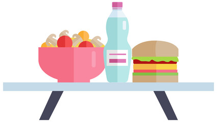 Harmful and healthy food, products vector illustration. Fat unhealthy meals and bottle of water on table. Full sized hamburger, vegetable salad and drink. Proper nutrition, diet and cheat meal concept
