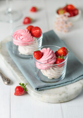 Natural dessert, homemade fruit marshmallows in glass, decorated with fresh strawberries