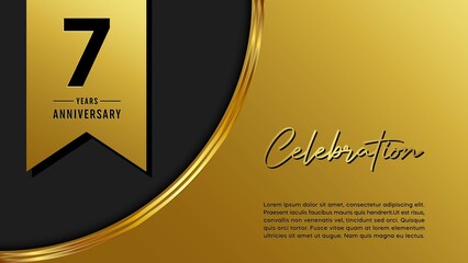 7th anniversary logo with golden ribbon for booklets, leaflets, magazines, brochure posters, banners, web, invitations or greeting cards. Vector illustration.