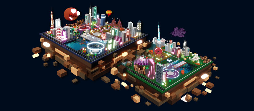 the sandbox Land Gamers using VR glasses Trading the land in the sandbox and Metaverse 3D Illustration