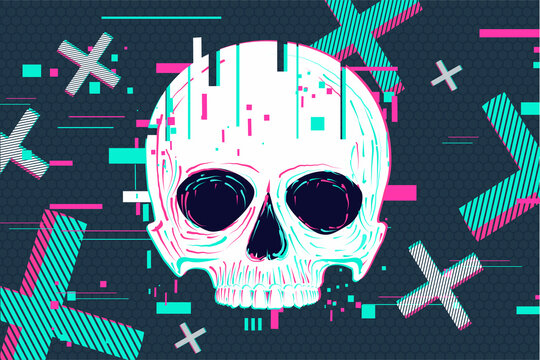Glitch skull background. Game over concept with dead head. Cyber punk illustration.