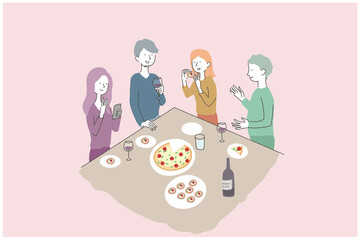 集まって楽しく軽食を取る男女グループのイラスト