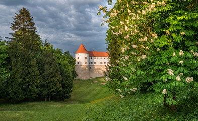 Fototapeta na wymiar Castle Mokrice on a spring evening with dramatic clouds and forest. A fortress in the woods.