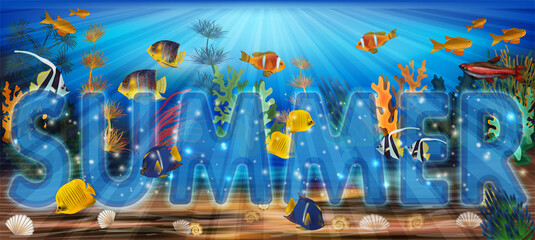 Summer Underwater banner with tropical fish and algae. vector illustration